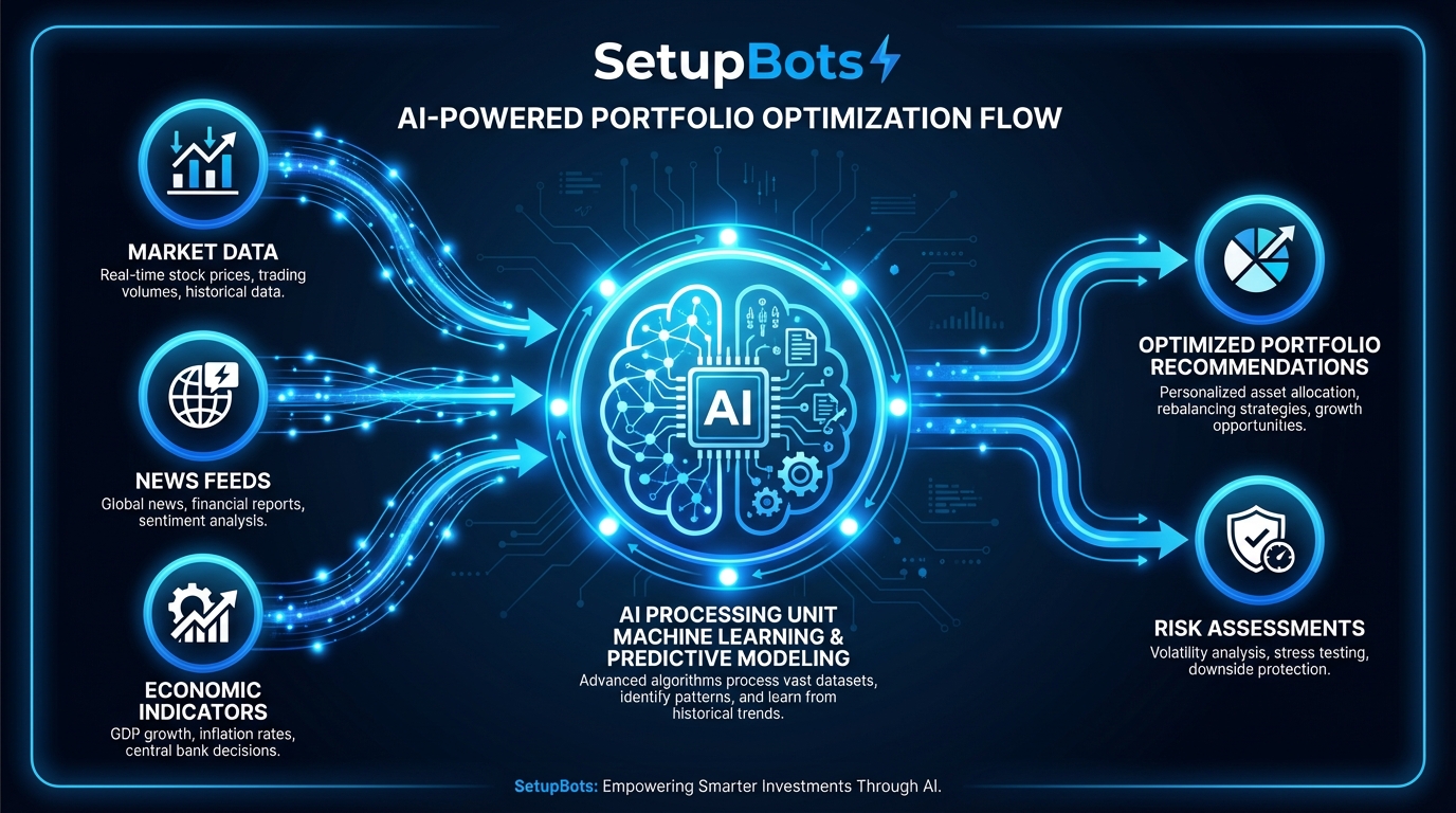 AI portfolio management software infographic showing data flow from market to portfolio