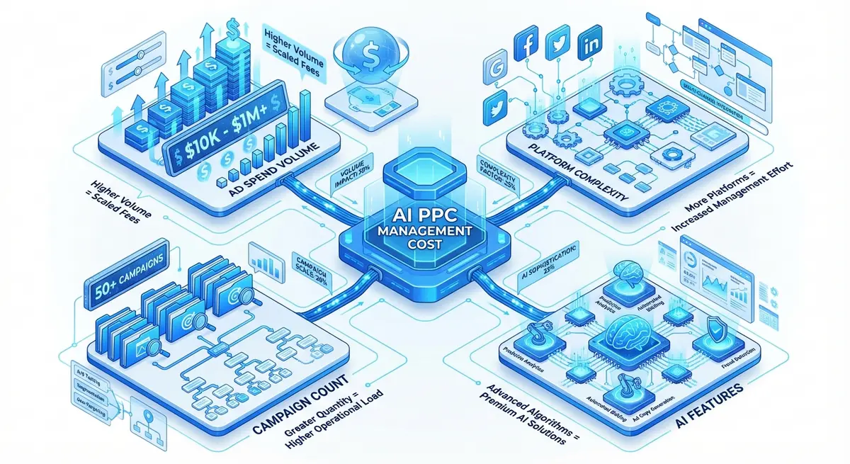 Infographic showing factors influencing AI PPC management cost