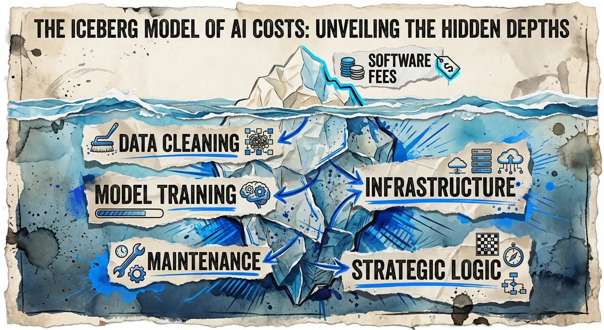 Iceberg infographic showing hidden ai predictive analytics costs below the surface