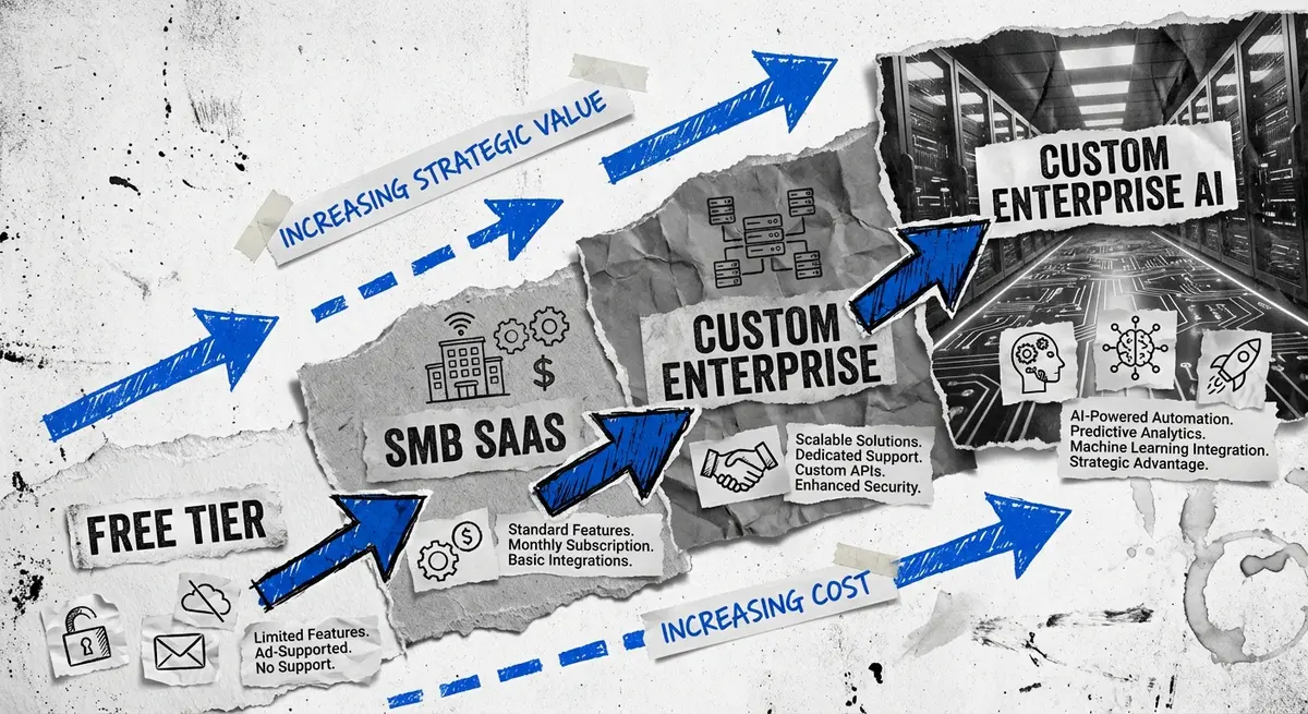 Infographic showing the spectrum of AI price monitoring cost from free tools to enterprise solutions