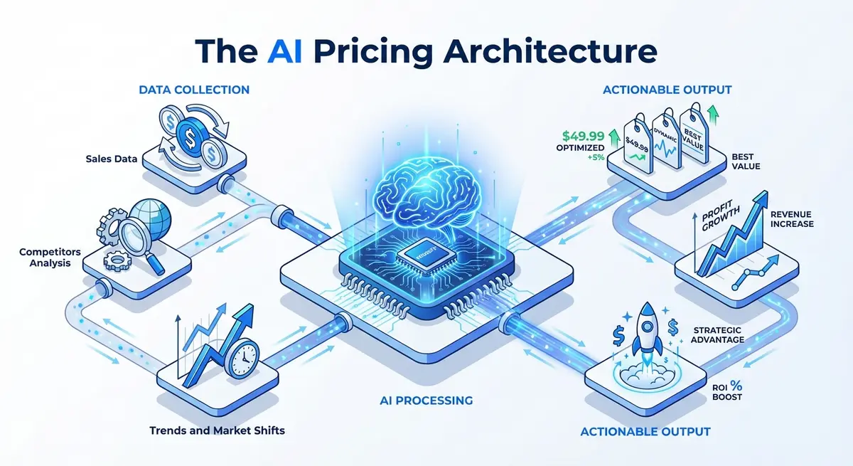 Infographic showing the architecture of AI pricing optimization from data collection to execution