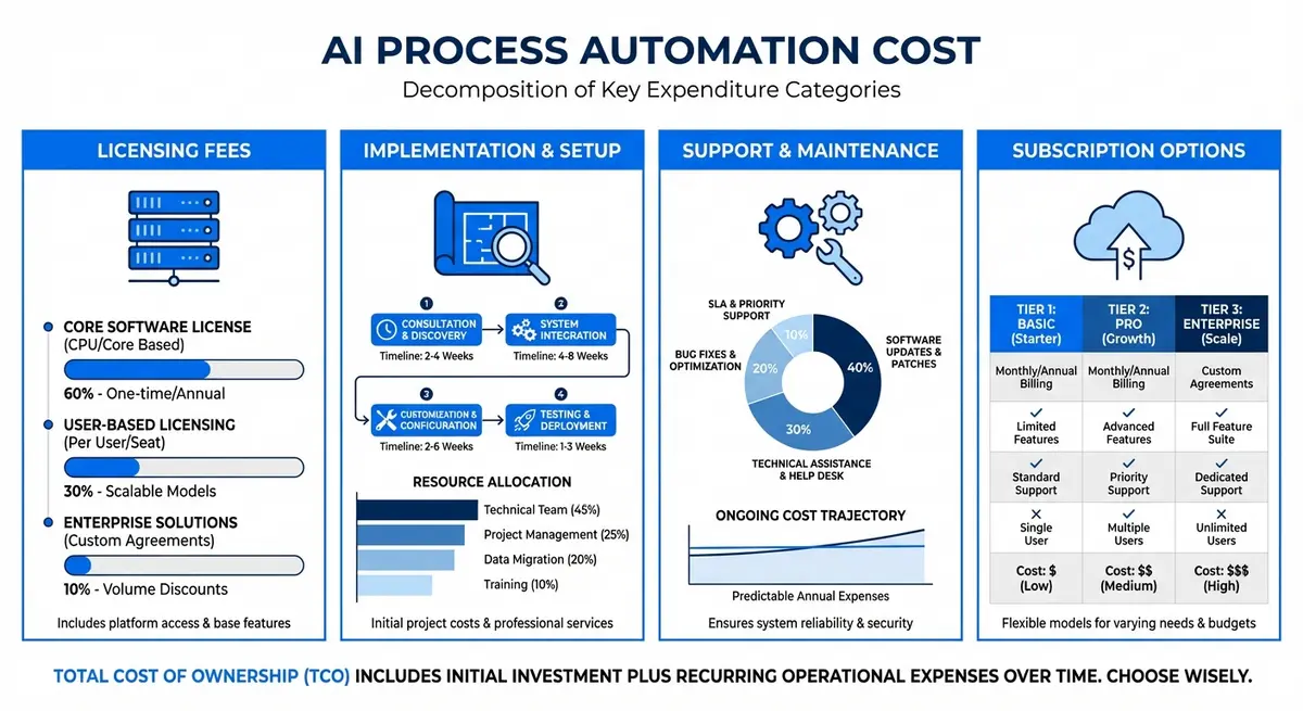 Infographic breaking down AI process automation cost components including licensing, implementation, and support