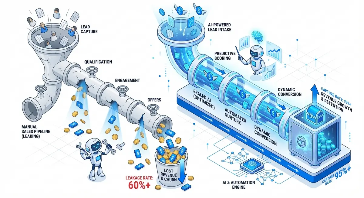 Comparison of leaking manual funnel vs optimized AI product launch funnel cost efficiency