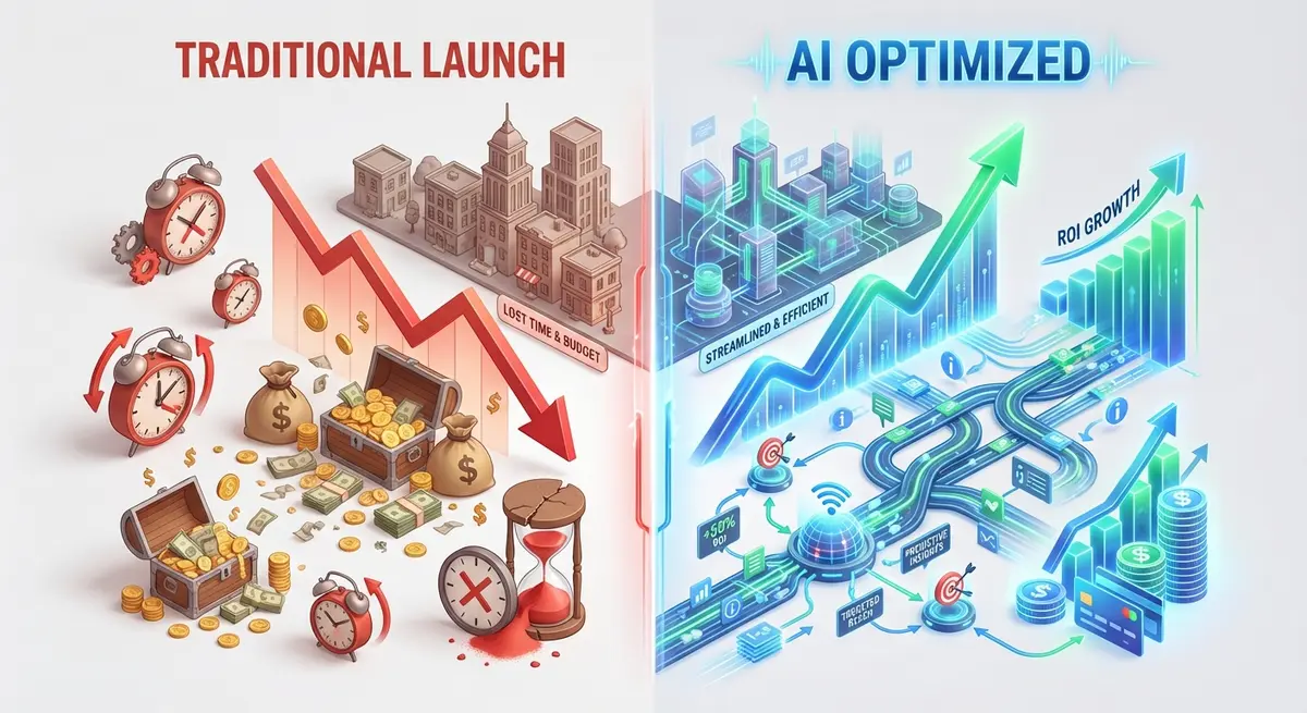 Infographic comparing traditional product launch costs versus AI product launch optimization cost savings
