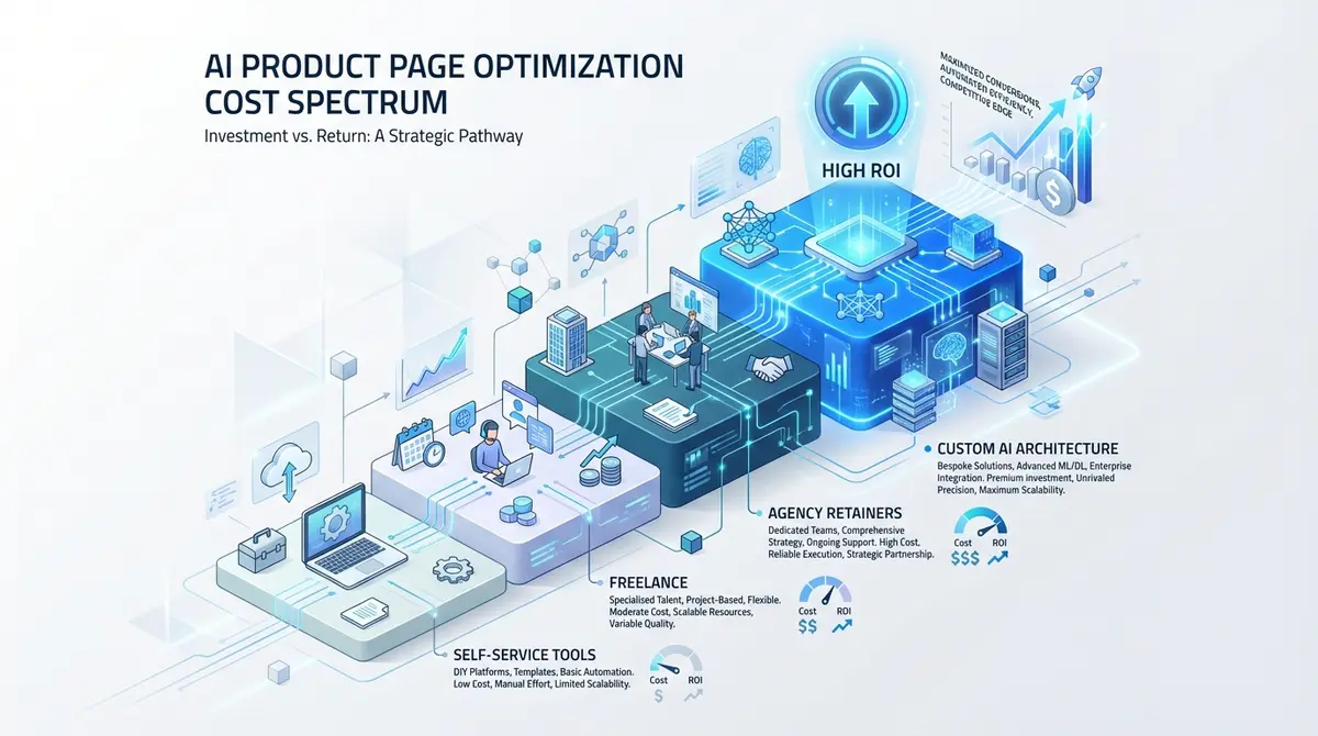 Infographic showing the spectrum of AI product page optimization cost from tools to custom architecture