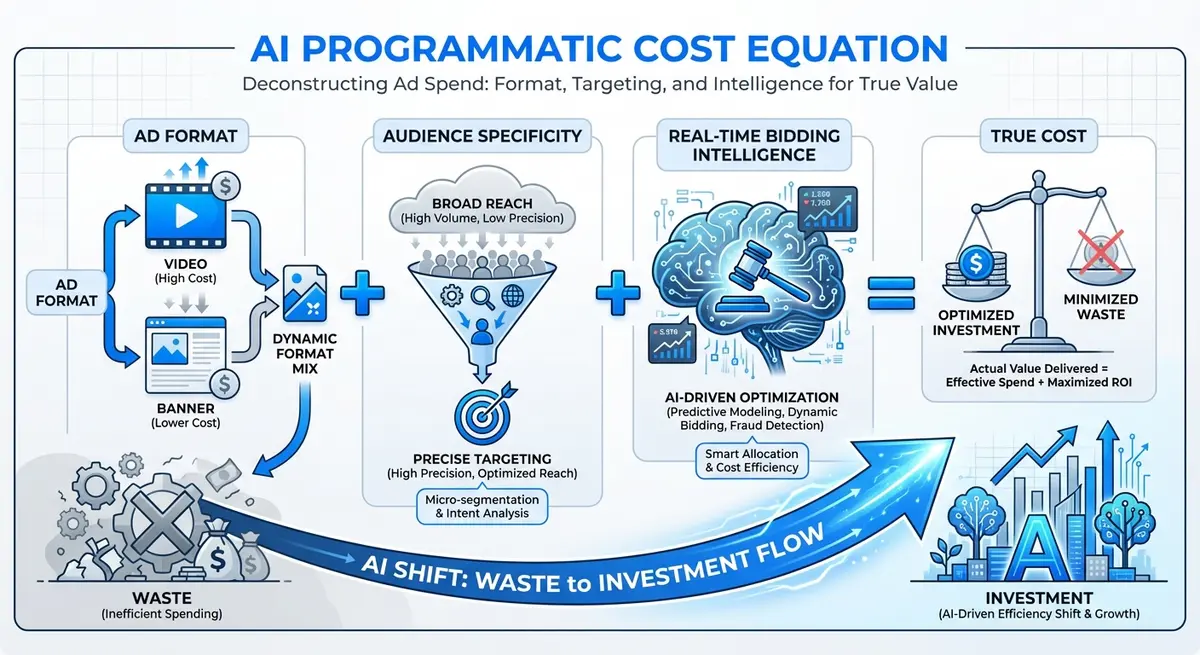 Infographic showing factors influencing ai programmatic advertising cost including format and bidding