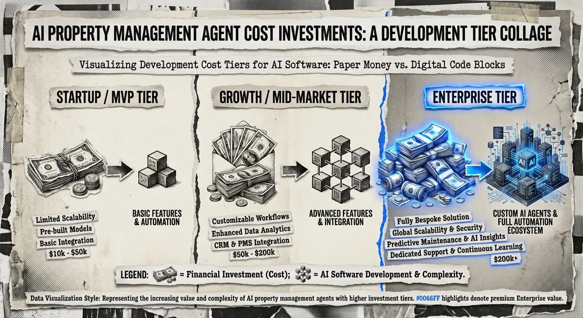 Infographic showing ai property management agent cost tiers from basic to enterprise