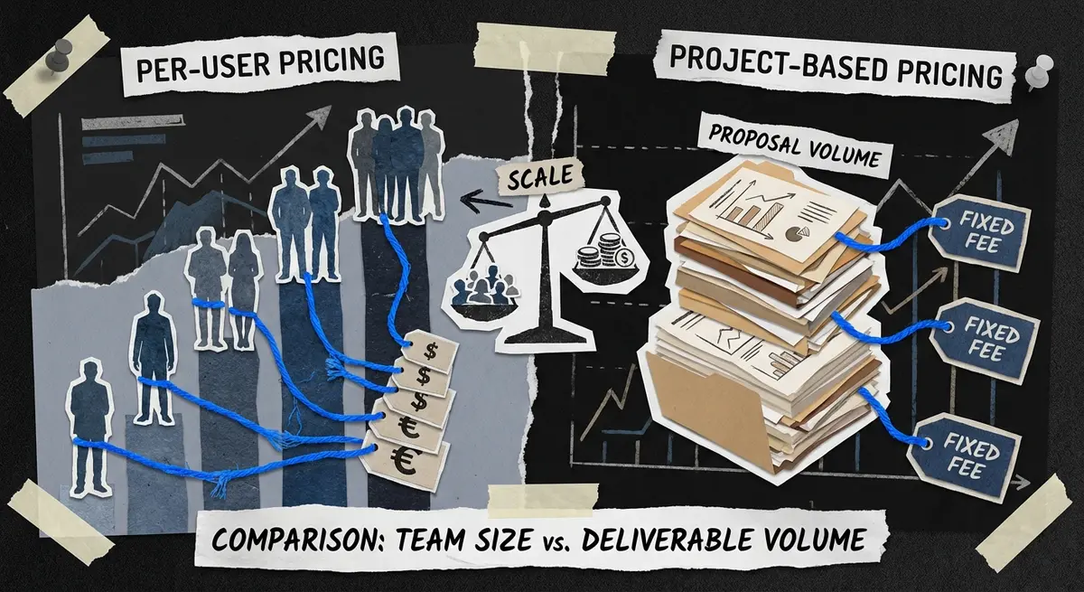 Infographic comparing per-user versus project-based ai proposal software pricing models