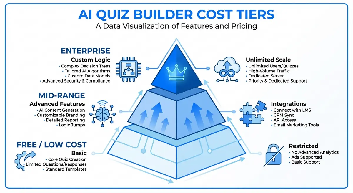 Infographic showing AI quiz builder cost tiers from free to enterprise