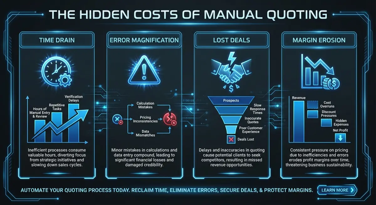 Infographic showing the hidden costs of manual quoting versus AI quote generation cost benefits