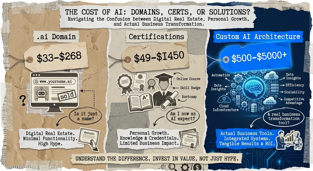 Comparison infographic of AI registration form cost versus domain and certification fees