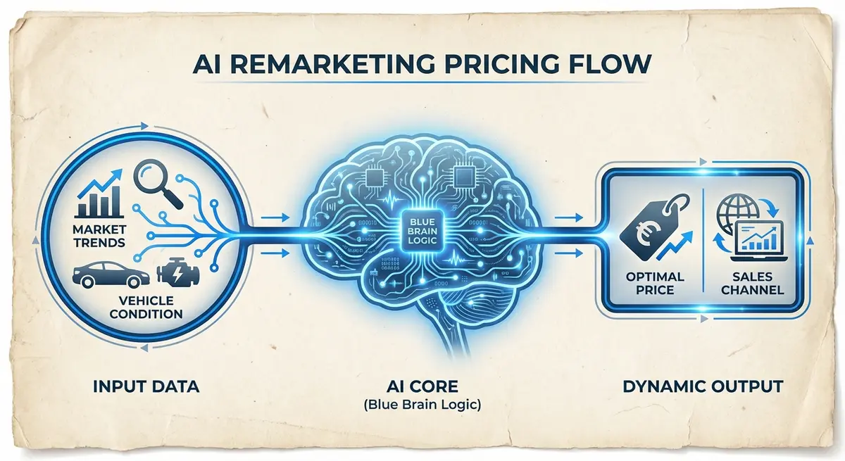 Infographic showing AI remarketing pricing data flow and optimization logic