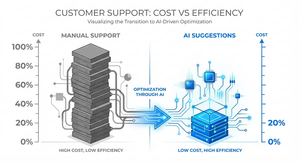 Infographic comparing manual support costs versus AI response suggestions cost efficiency