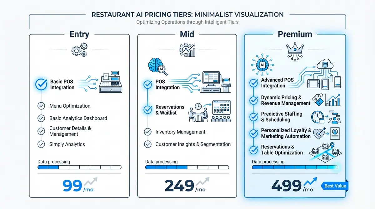 Infographic showing entry mid and premium ai restaurant agent pricing tiers