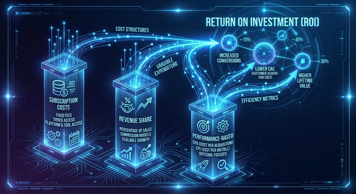 Chart comparing AI retargeting ads cost models: Subscription vs Revenue Share vs Performance