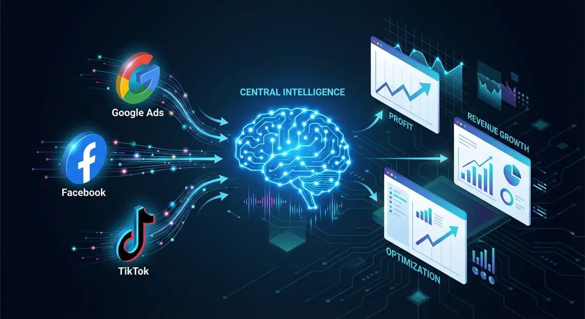 Infographic showing AI unifying fragmented data to optimize ai roas tracking cost
