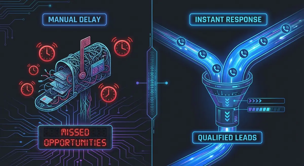 Infographic showing the bottleneck of manual storm damage response versus AI efficiency