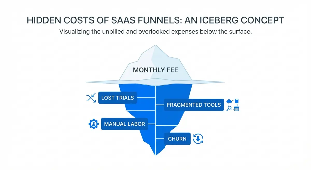 Infographic showing hidden AI SaaS funnel builder costs like lost trials and manual labor below the surface