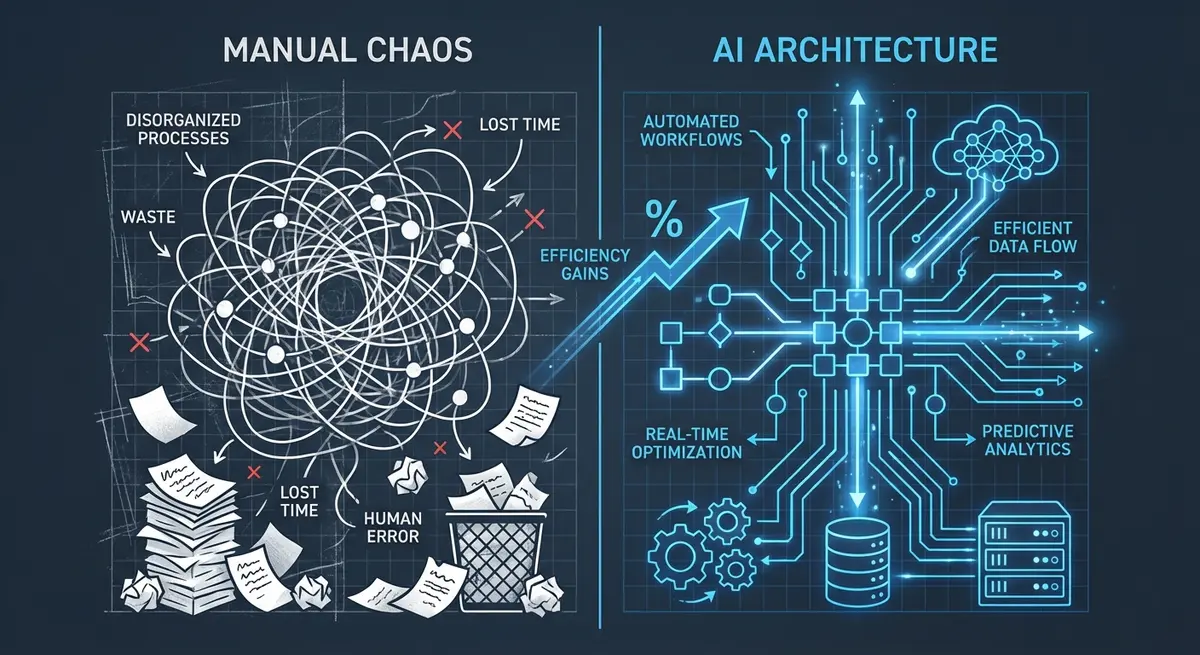 Infographic comparing manual sales chaos versus efficient AI sales engagement architecture