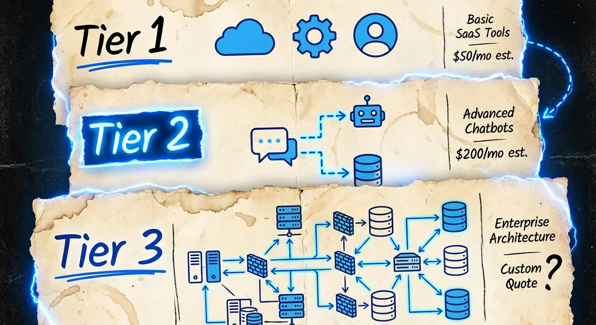 Infographic showing three tiers of ai sales tool implementation cost from SaaS to custom architecture