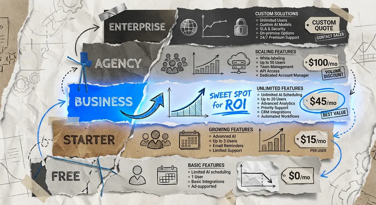 Infographic showing ai scheduling tool cost tiers from free to enterprise