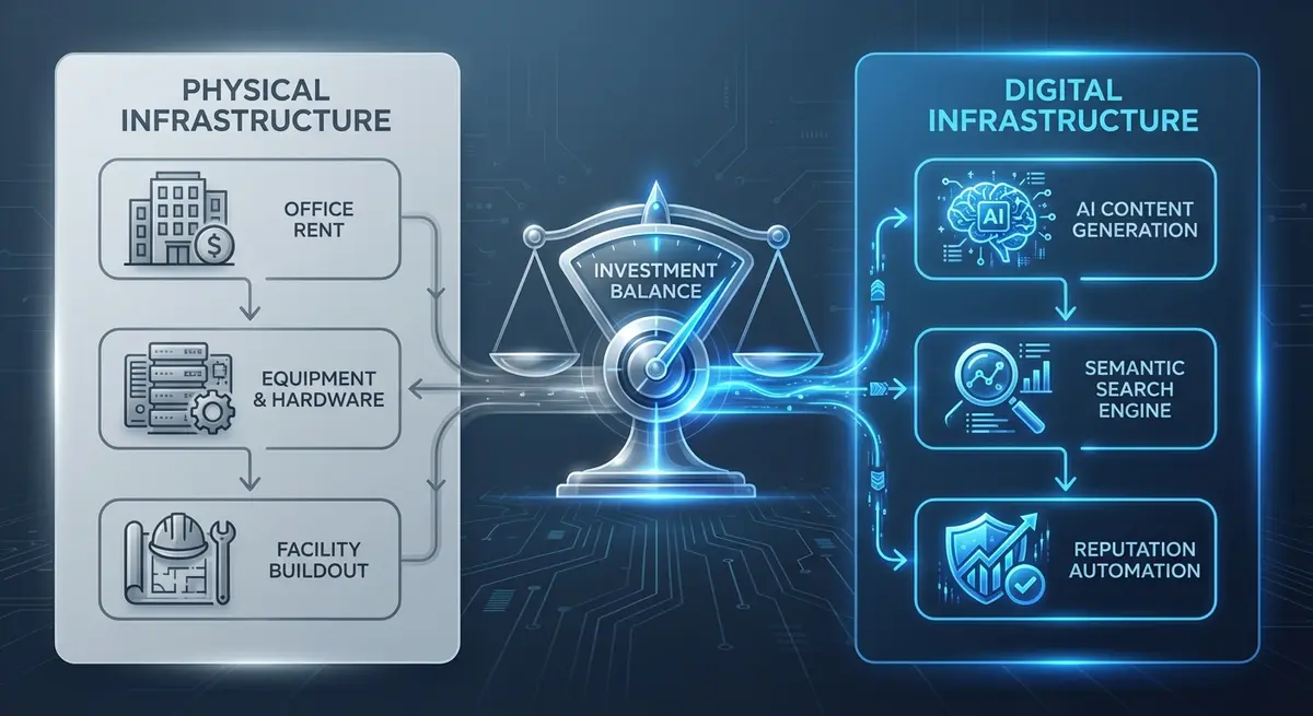 Infographic comparing physical med spa startup costs versus ai search authority building for med spas cost investment