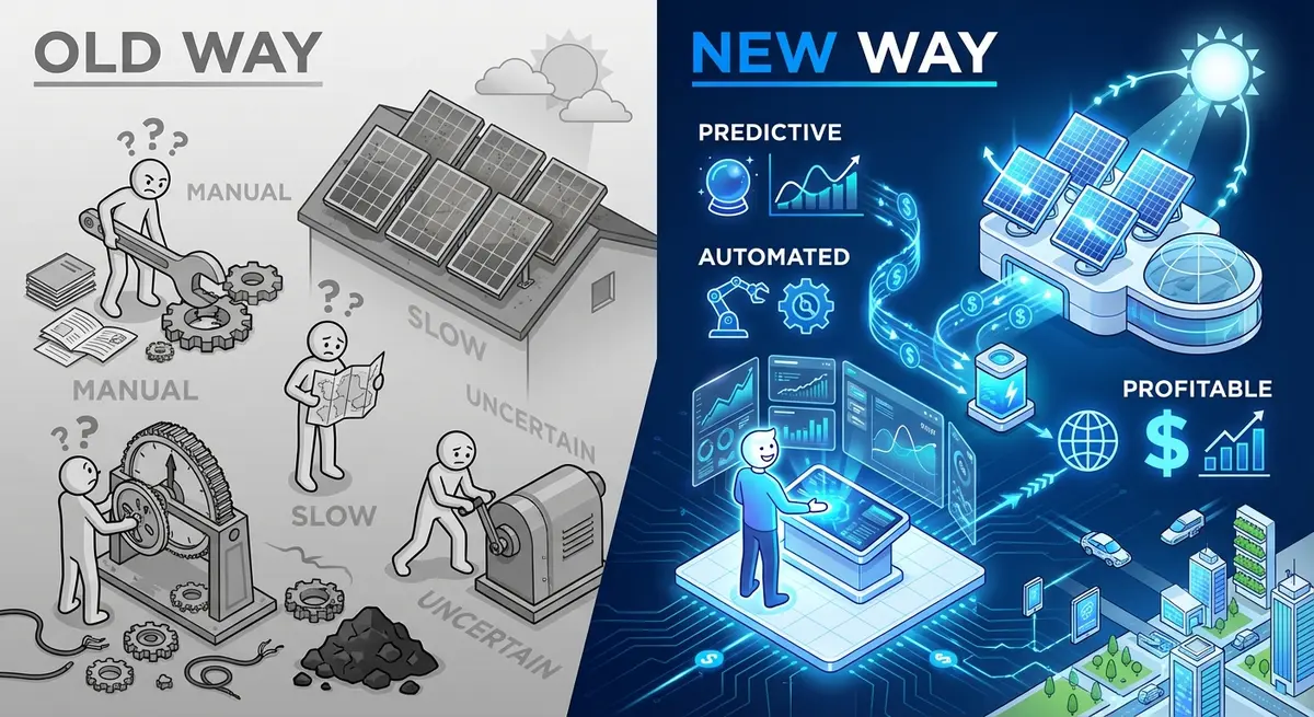 Infographic comparing manual solar management vs AI search faq optimization for solar cost