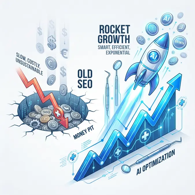 Infographic comparing traditional dental SEO costs against AI search optimization for dentists pricing and ROI
