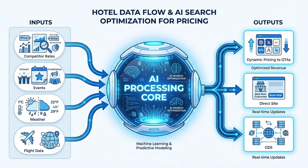 Infographic showing the data flow of ai search optimization for hotels pricing from ingestion to rate distribution