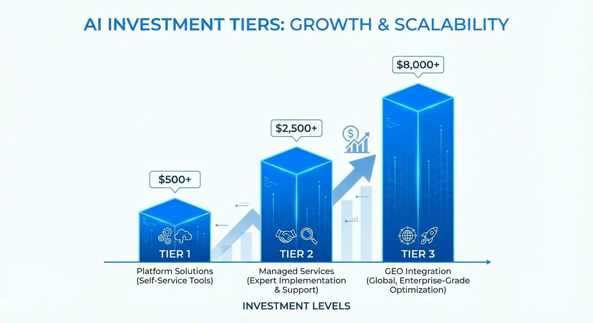 Infographic showing AI search optimization for insurance agencies cost tiers from startup to enterprise
