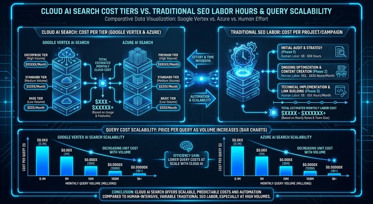 Infographic comparing Cloud AI Search pricing models and query scalability
