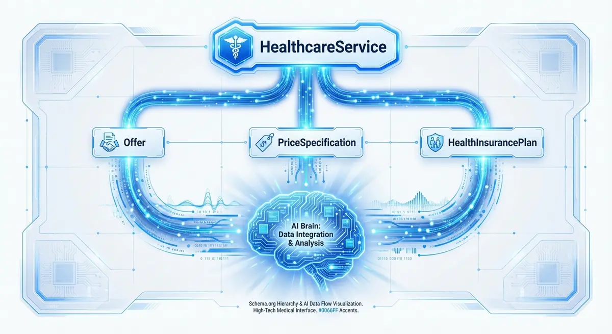 Infographic showing the hierarchy of AI search schema markup for healthcare pricing data structure