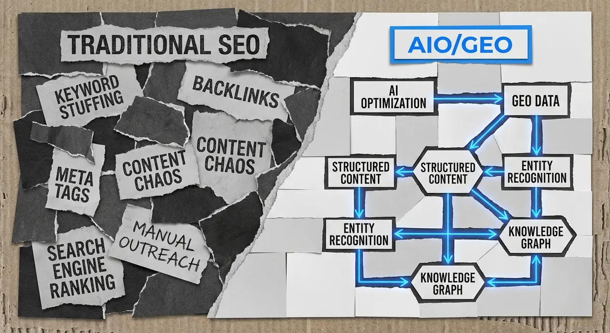 Comparison of Traditional SEO versus AIO/GEO for senior living cost data