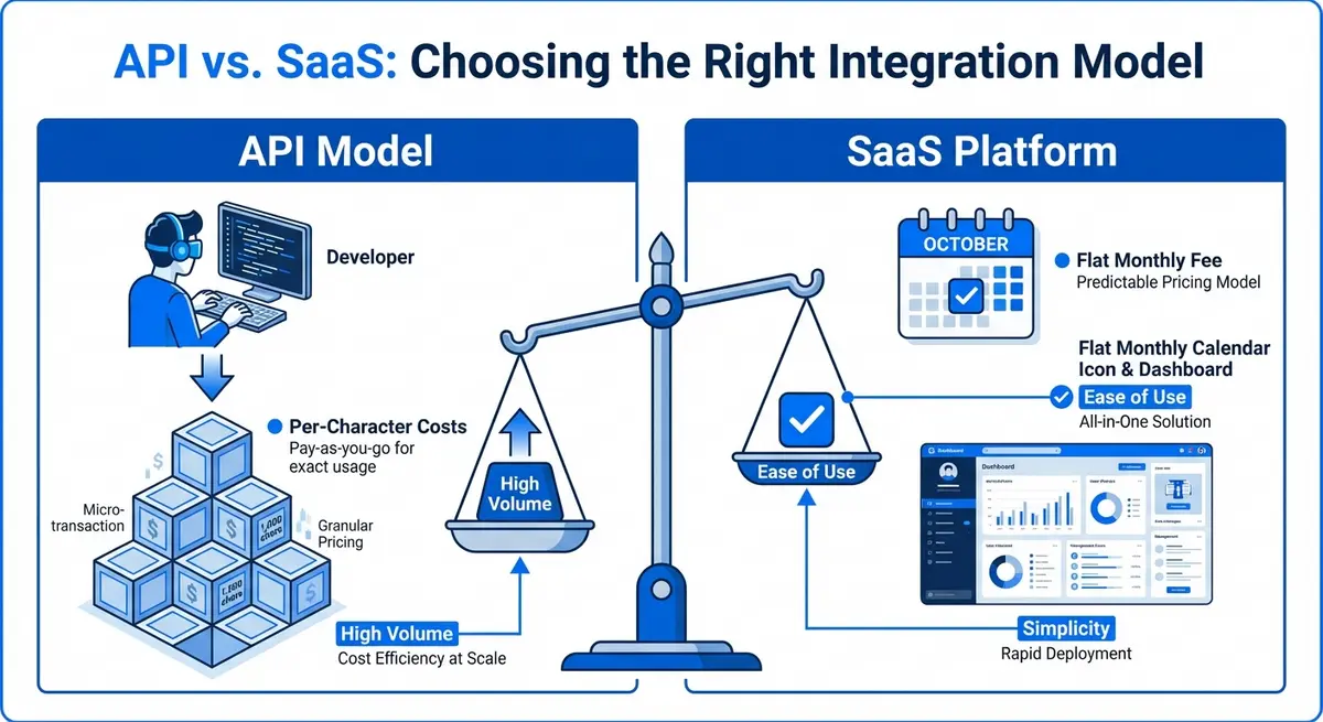 Comparison of API usage-based pricing vs SaaS monthly subscription costs for ai sentiment analysis