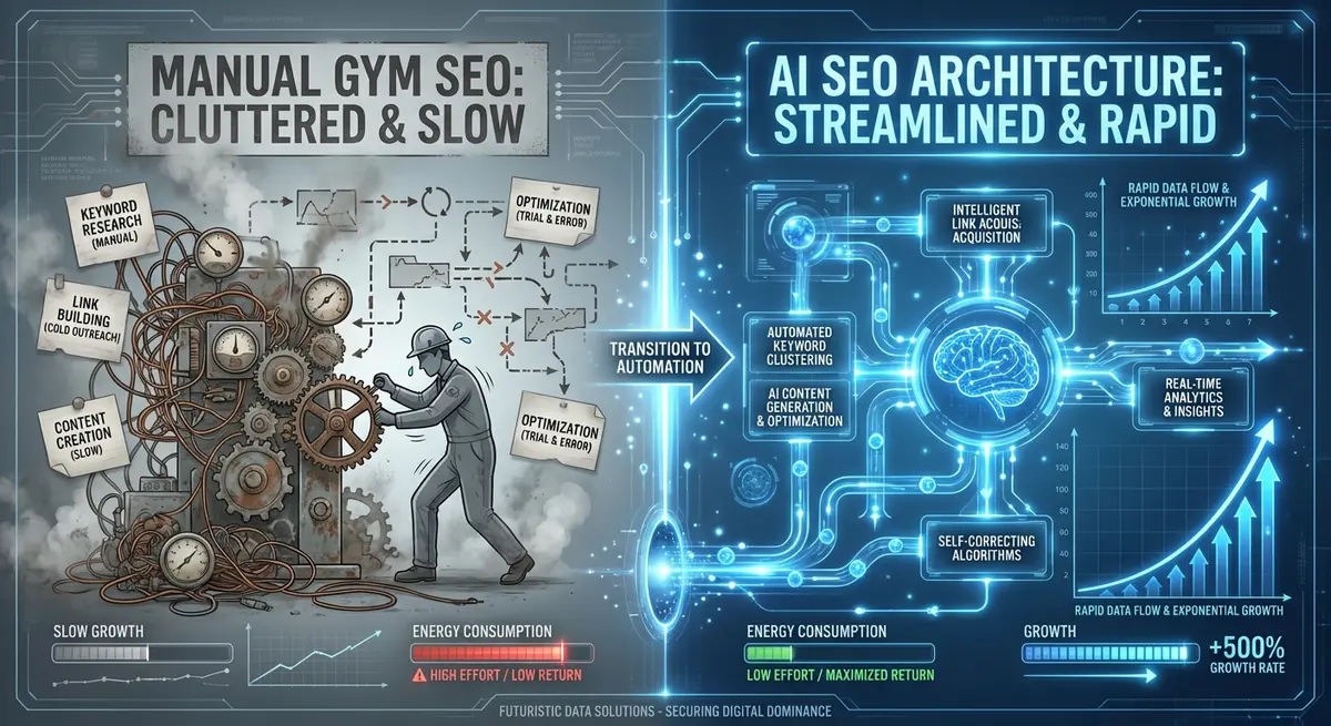 Comparison of manual SEO costs versus AI SEO platform efficiency for CrossFit gyms