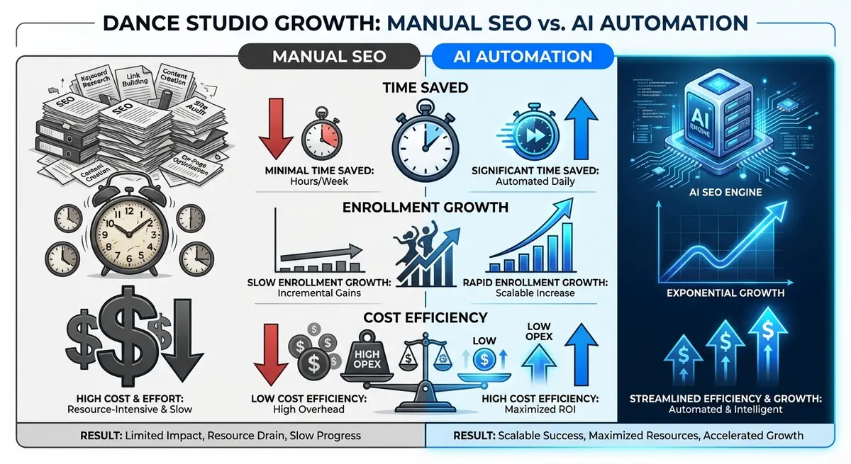 Infographic comparing manual SEO costs versus AI SEO platform for dance studios pricing efficiency