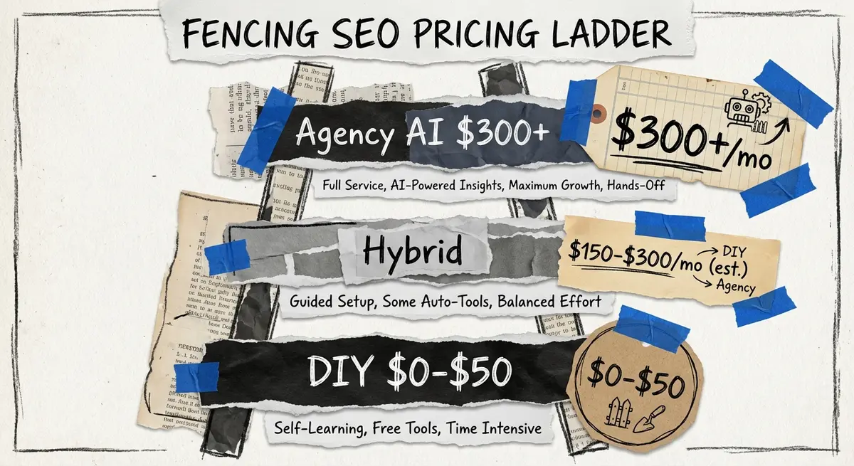 Infographic showing ai seo platform for fencing companies pricing tiers from DIY to Agency