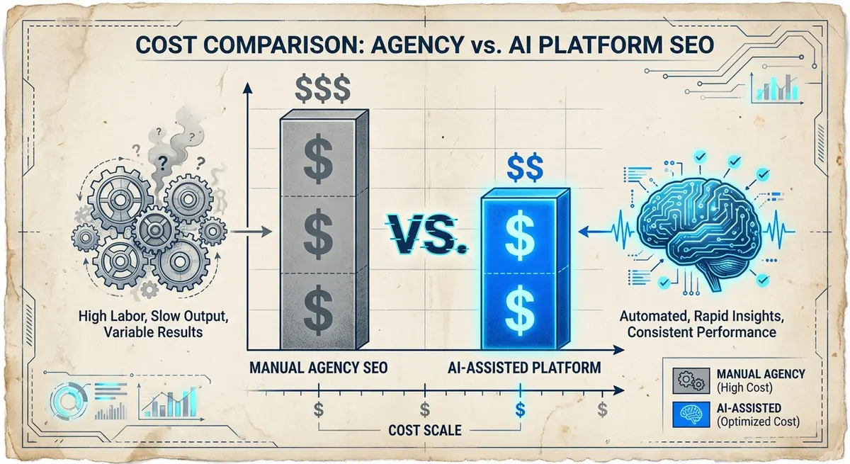 Comparison chart showing ai seo platform for landscapers cost versus traditional agency fees