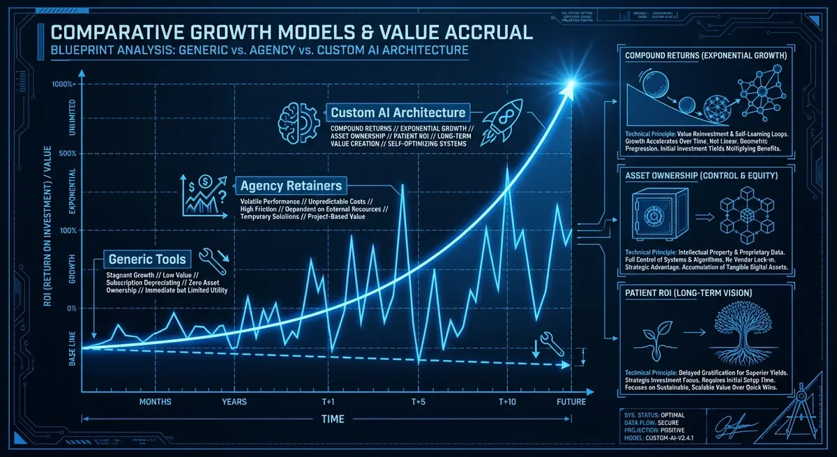 Chart showing compound returns of custom AI SEO platform for ophthalmologists cost versus traditional agencies