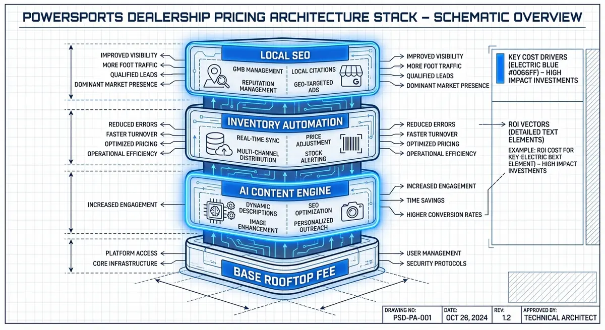 Infographic breaking down ai seo platform for powersports dealers pricing components and ROI