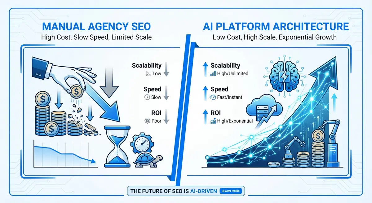 Infographic comparing costs of traditional SEO agencies versus AI SEO platform for SaaS pricing models