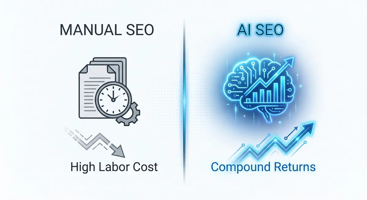 Infographic comparing manual SEO labor costs versus AI SEO platform efficiency for siding contractors