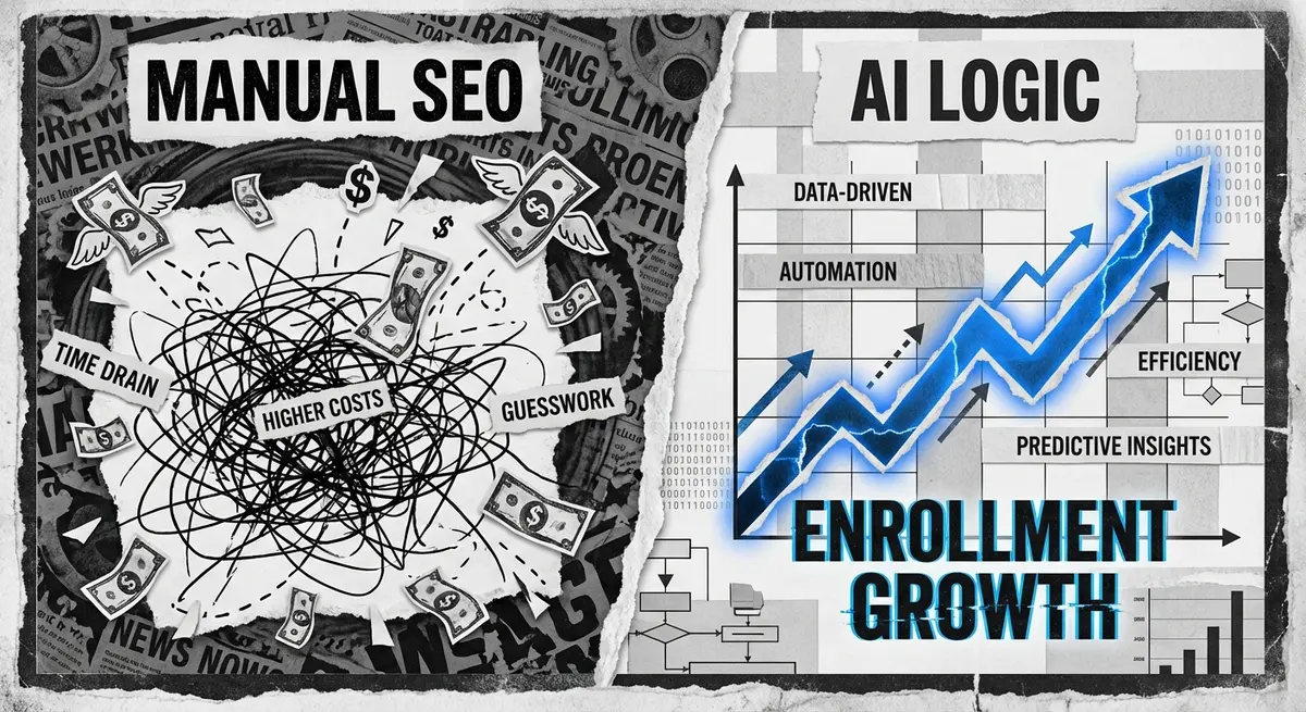 Infographic comparing manual marketing costs versus ai seo platform for trade schools cost efficiency