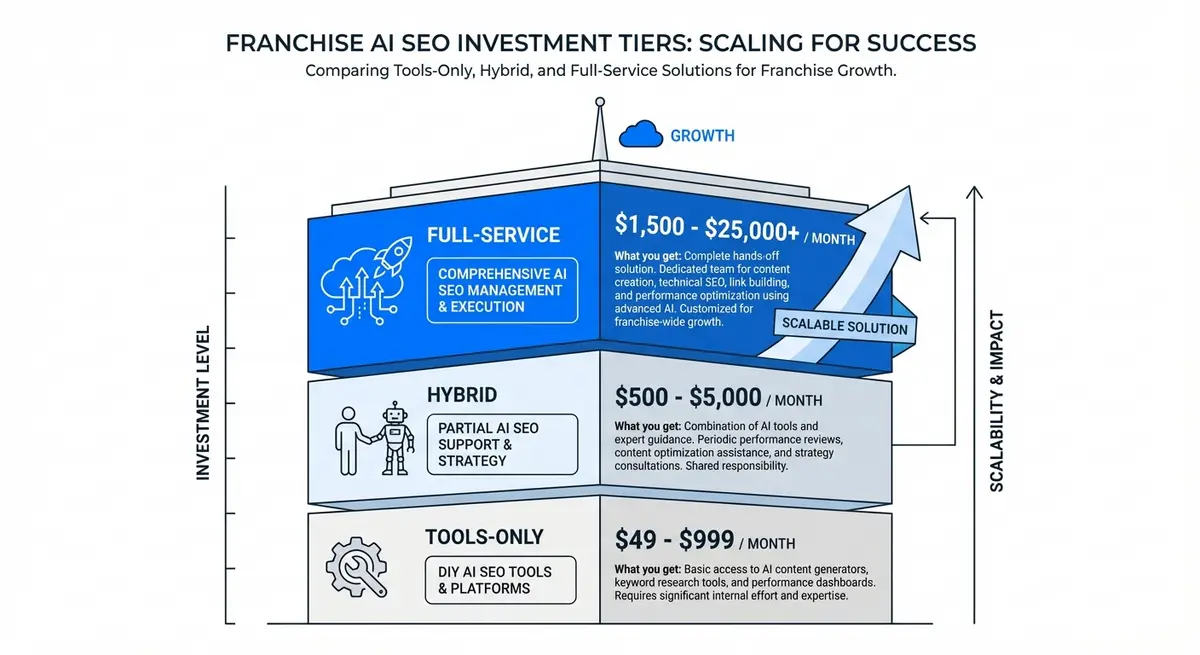 Infographic showing the AI SEO platform for franchises cost tiers from tools to full-service automation