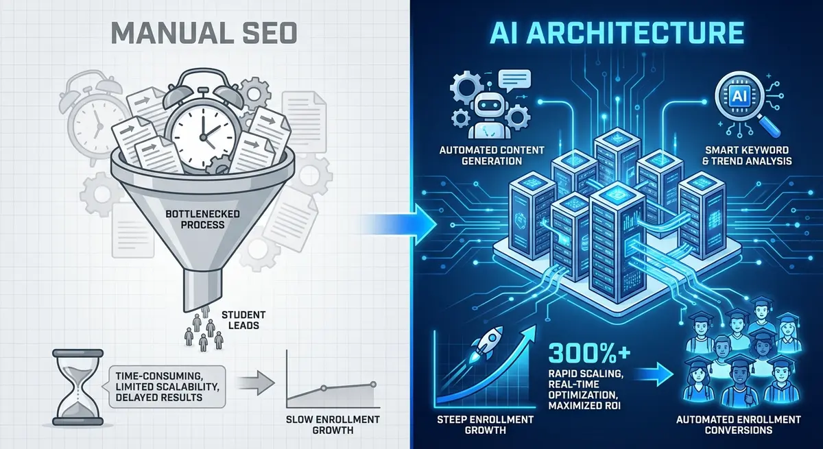 Infographic comparing manual test prep SEO vs AI SEO architecture