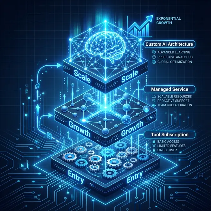 Infographic comparing AI SEO software for data analytics firms cost tiers from basic tools to custom architecture