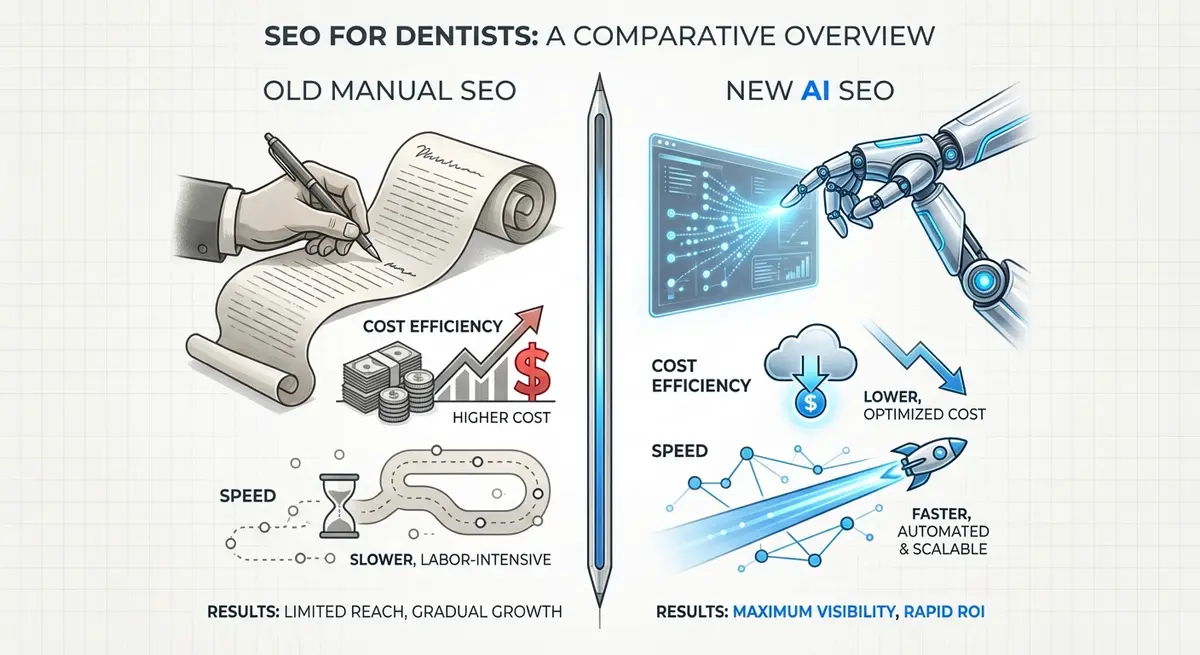 Infographic comparing manual dental SEO costs versus AI SEO software efficiency