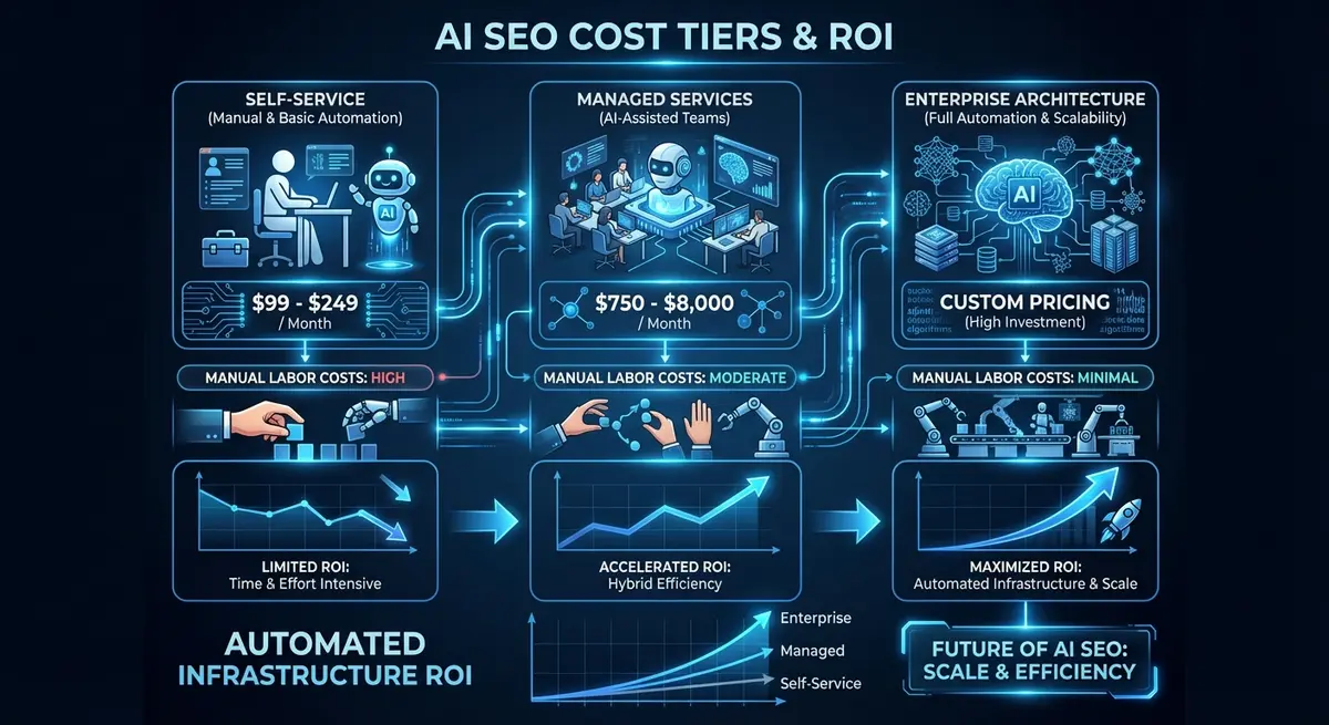 Infographic breaking down ai seo software for ecommerce cost tiers from self-service to enterprise solutions