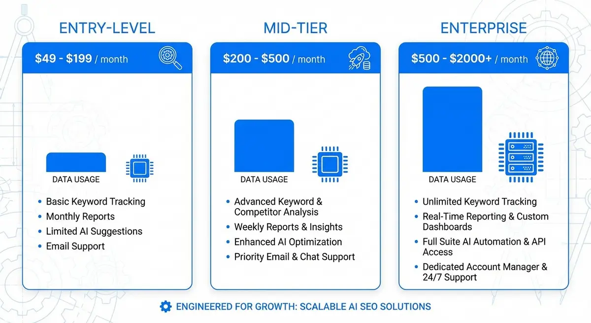 Infographic showing AI SEO software for engineering firms pricing tiers from entry-level to enterprise