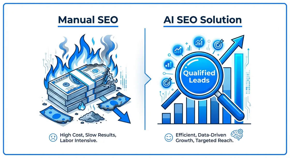 Infographic comparing manual SEO waste vs AI SEO software for insurance agencies cost efficiency
